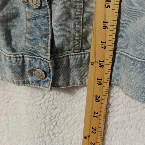 Mudd Size Small Hooded Jean Jacket with Knit Sleeves Button Up with Pockets - Picture 6 of 9